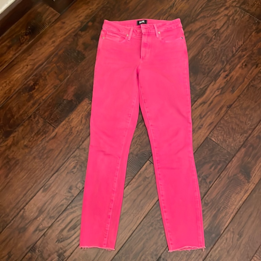 PAIGE, raw edge, pink denim jeans.